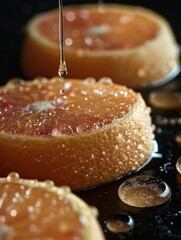 Vivid Macro Photography of Fresh Orange Slices with Dripping Juice Captured in High Detail