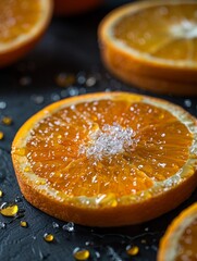 Vivid Macro Photography of Fresh Orange Slices with Dripping Juice Captured in High Detail