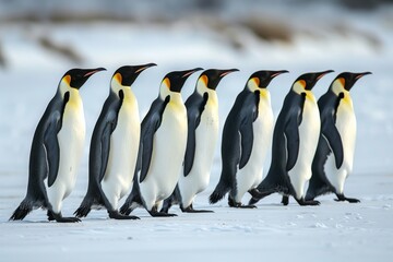 Fototapeta premium Emperor penguins (Aptenodytes forsteri) walking in a row, side view
