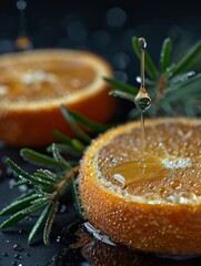 Vivid Macro Photography of Fresh Orange Slices with Dripping Juice Captured in High Detail