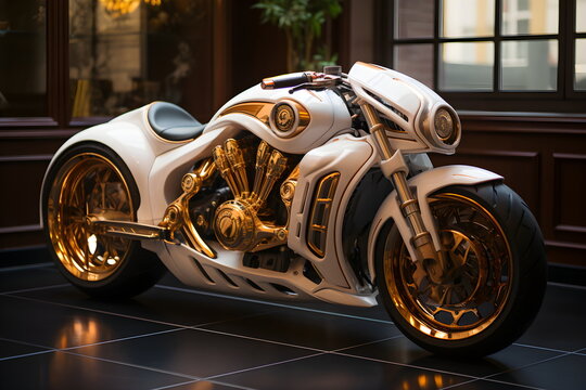 3D illustration of a futuristic motorcycle with shiny metal surface is displayed in the showroom. This could be an inspiration for anyone thinking of designing a prototype car to build on.