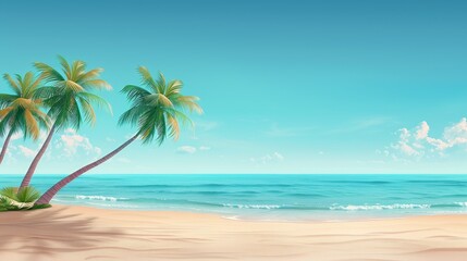 Sunny tropical beach with clear blue sky, calm waves, and tall palm trees swaying in the gentle breeze, perfect for a relaxing getaway.