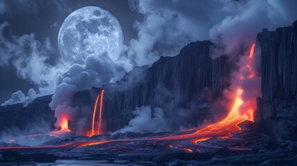 A Full Moon Rises Over a Lava Flow in the Middle of a Mountain Range - Generative AI