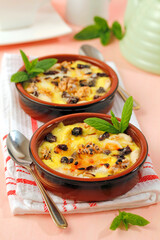 Custard with raisins and nuts.