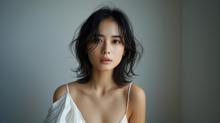 Beautiful Japanese girl in a white dress, with shoulder length hair, in an upper body shot, against a light background, with light and shadow on her face, in front of a white wall, with soft lighting
