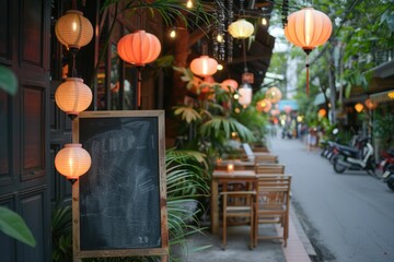 Cozy Outdoor Cafe with Chalkboard Menu and Lanterns on a Bustling Street - Ideal for Restaurant Decor and Travel Marketing