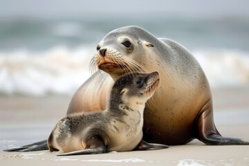 Female Australian Sea Lion with Pup on Beach