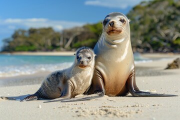 Fototapeta premium Female Australian Sea Lion with Pup on Beach