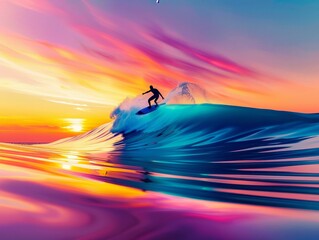Fototapeta premium Surfer riding a wave at sunset with vibrant colors in the sky, capturing the beauty and thrill of the ocean and surfing at twilight.