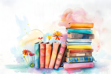 International literacy day, back to school watercolor illustration. Watercolor card with color books and flowers on white background