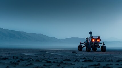 Conceptual Mars Rover on Alien Terrain at Twilight with Stunning Sky Backdrop