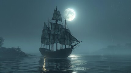 A Pirate Ship Sailing Under a Full Moon in the Middle of a Body of Water - Generative AI