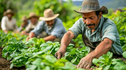 Farmers work diligently in a lush green field, tending to young plants. Ideal for agricultural promotions, rural lifestyle presentations, and community farming initiatives.