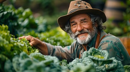 Elderly man in a hat smiling amid lush green plants in a garden, perfect for agricultural, gardening, and healthy lifestyle themes.