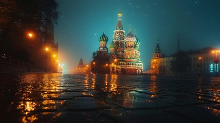 Fototapeta premium A Picture of a City at Night With a Clock Tower in the Middle of It - Generative AI