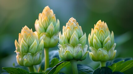 Close-up of green artichoke buds with soft lighting and blurred background, perfect for agriculture, culinary themes, and nature aesthetics.