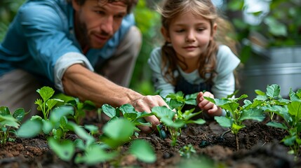 Father and daughter gardening together, surrounded by lush greenery; suitable for topics related to family bonding, sustainability, and nature.