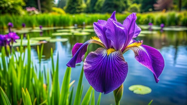 A vibrant purple iris at the end of a green stem, with a blurred pond and water lilies in the background.