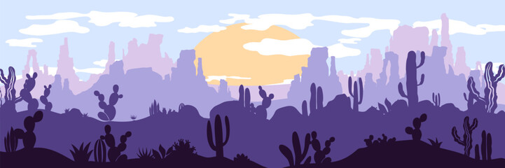 Desert landscape. Layered background with prairies. Parallax effect. Horizontal blue panoramic backdrop with cactuses, rocks and mountains.