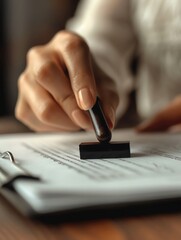 A close-up of a woman's hand placing a stamp on a document, with ample copy space