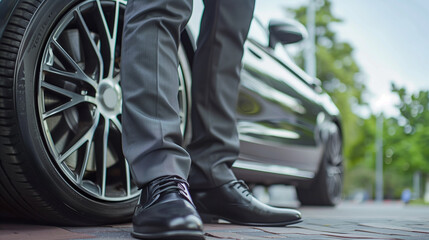 Obraz premium Detailed view of a businessman in an elegant gray suit and black shoes standing near the wheel of a luxury car. 