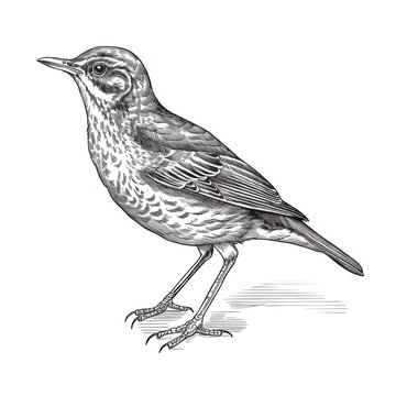 recommend clip art: Black and white Vintage engraved art of a thrush isolated on white background, ink sketch illustration, simple vector art design, highly detailed line art, high contrasty. -