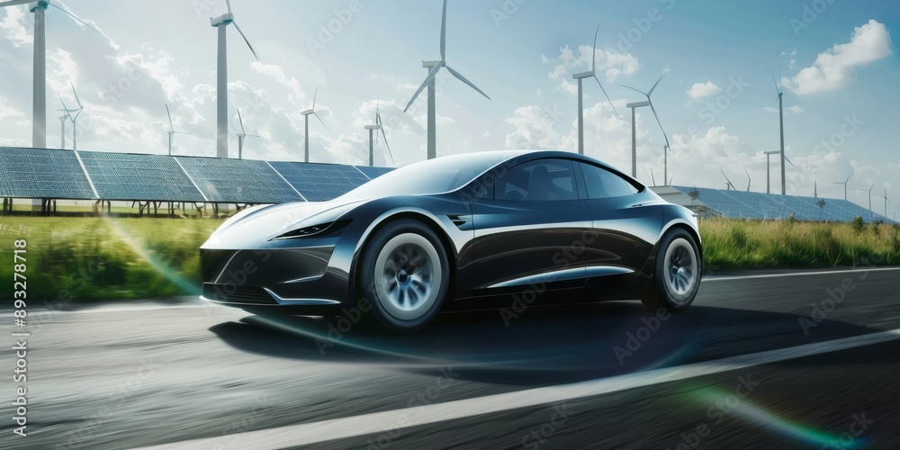 Poster a sleek electric vehicle is powered by wind turbines, blending sustainable technology with ecofriend