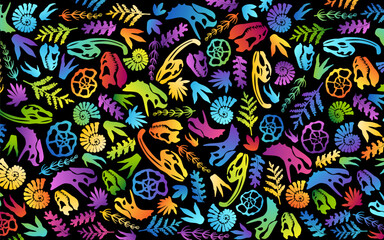 Dinosaur background. Textured banner with dinosaurs bones, palm leaves, nautiluses and footprint