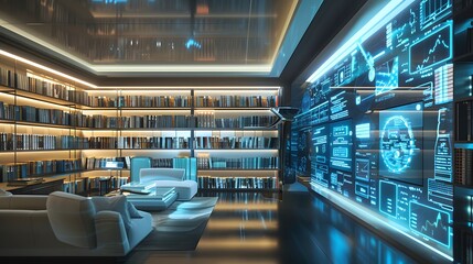 A modern library with interactive digital bookshelves and holographic displays, in a sleek interior style