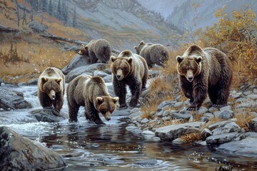 Grizzly bears gather on salmon stream (Ursus arctos)