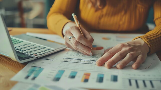 A close-up of hands analyzing a financial report, lots of copy space around