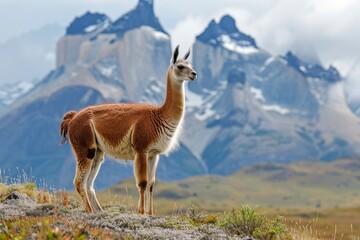 Obraz premium Guanaco (Lama guanaco) standing on the hillside with Torres del Paine mountains in the background