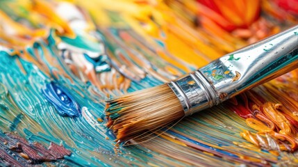 Fototapeta premium Photo of a paintbrush painting on canvas. AI generated.