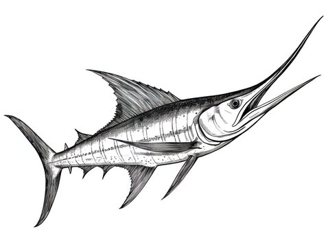 recommend clip art: Black and white Vintage engraved art of a marlin isolated on white background, ink sketch illustration, simple vector art design, highly detailed line art, high contrasty.