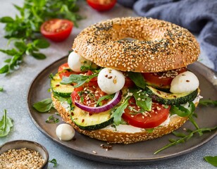 Bagel mit ger&ouml;steten Zucchini, Tomaten, Zwiebeln, Minimozzarella, Sesam und frischen Kr&auml;utern
