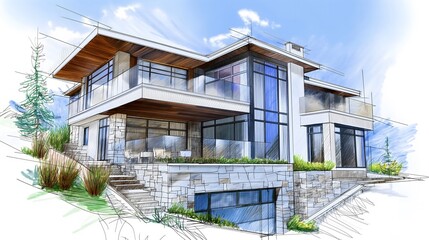 generate a villa facade modern design with balcony, and glazed windows, sketch pencil style