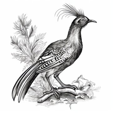 recommend clip art: Black and white Vintage engraved art of a lyrebird isolated on white background, ink sketch illustration, simple vector art design, highly detailed line art, high contrasty