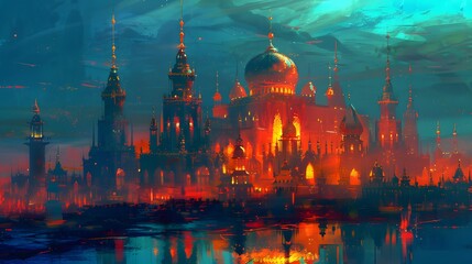 A majestic palace with iridescent domes and glowing spires, set in a luminous landscape style