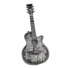 Black and white Vintage engraved art of a guitar isolated on white background, ink sketch illustration, simple vector art design, highly detailed line art, high contrasty.