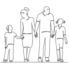 continuous single drawn one line family mom dad son daughter hand-drawn picture silhouette. Line art. doodle