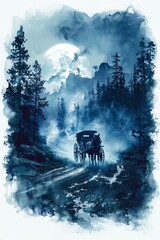 Fototapeta premium A mysterious carriage travels through a foggy forest under a full moon, creating an eerie and enchanting atmosphere.