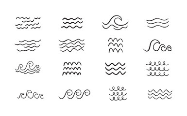 Doodle sea wave icons. Sea hand drawn storm scribble icons set, simple wavy lines. Ocean water flow curve sketch. Aqua doodle symbols. isolated on white background.
