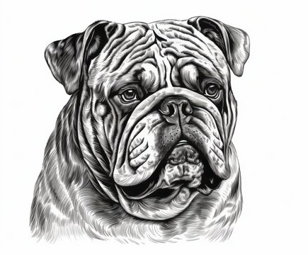 recommend clip art: Black and white Vintage engraved art of a Bulldog isolated on white background, ink sketch illustration, simple vector art design, highly detailed line art, high contrasty 