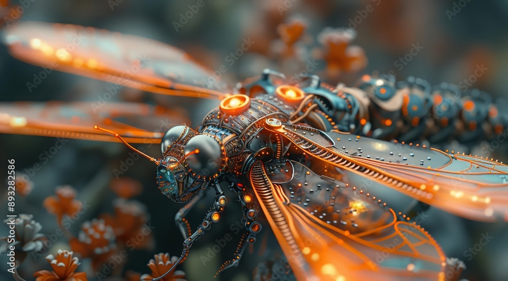 Poster a mesmerizing digital artwork showcasing a futuristic, intricately designed, mechanical dragonfly. t