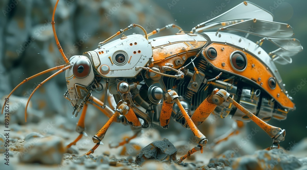 Poster a close-up image of a steampunk insect. the insect is made of metal and gears, and it has a rusty, a