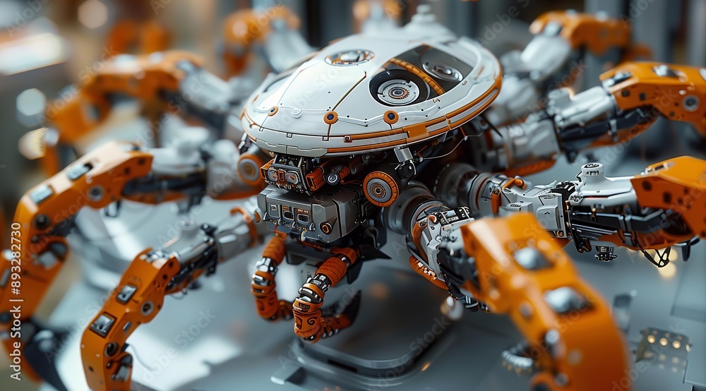 Aufkleber a close-up shot of a futuristic robotic spider. the spider is made of metal and has orange and white