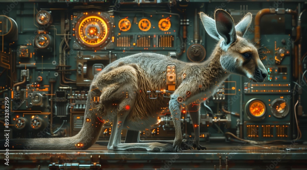 Poster A close-up shot of a cyborg kangaroo standing in a futuristic laboratory. The kangaroo is covered in glowing orange wires and circuits, highlighting its technological enhancements. The background fe