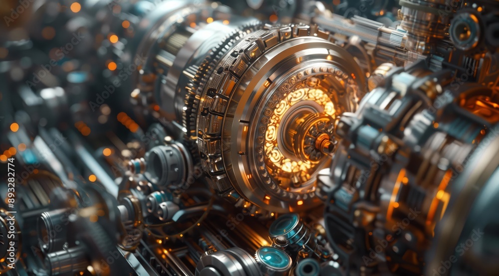 Poster A close-up image of a futuristic machine gear, with intricate details and a golden glow. The image is perfect for conveying themes of technology, innovation, and industrial design. The abstract and