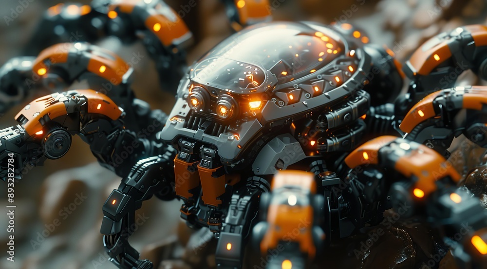 Poster a close-up shot of a futuristic mechanical spider robot. the robot is made of metal and has a sleek,