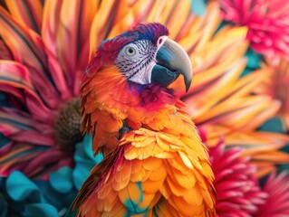 Obraz premium Vibrant Scarlet Macaw Parrot Perched Among Colorful Flowers, A Picture of Gorgeous Display Showcasing Beauty and Nature's Splendor